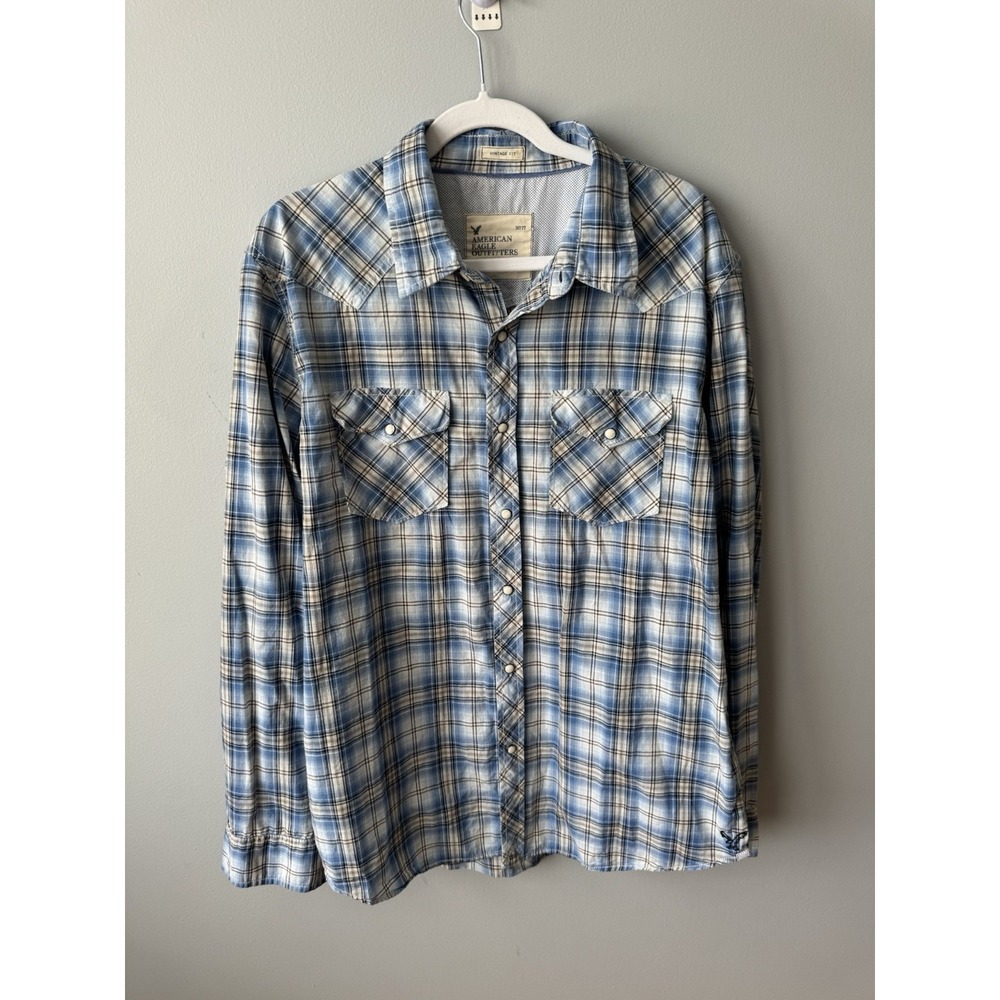 American Eagle Men's Plaid Western Shirt XL Pearl Snap Blue Y2K Vintage
